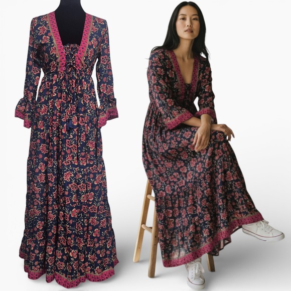 Boemo Floral Maxi Dress Navy Pink Lace Up V-Neck Tiered Boho Style R4202 Small - Picture 2 of 8
